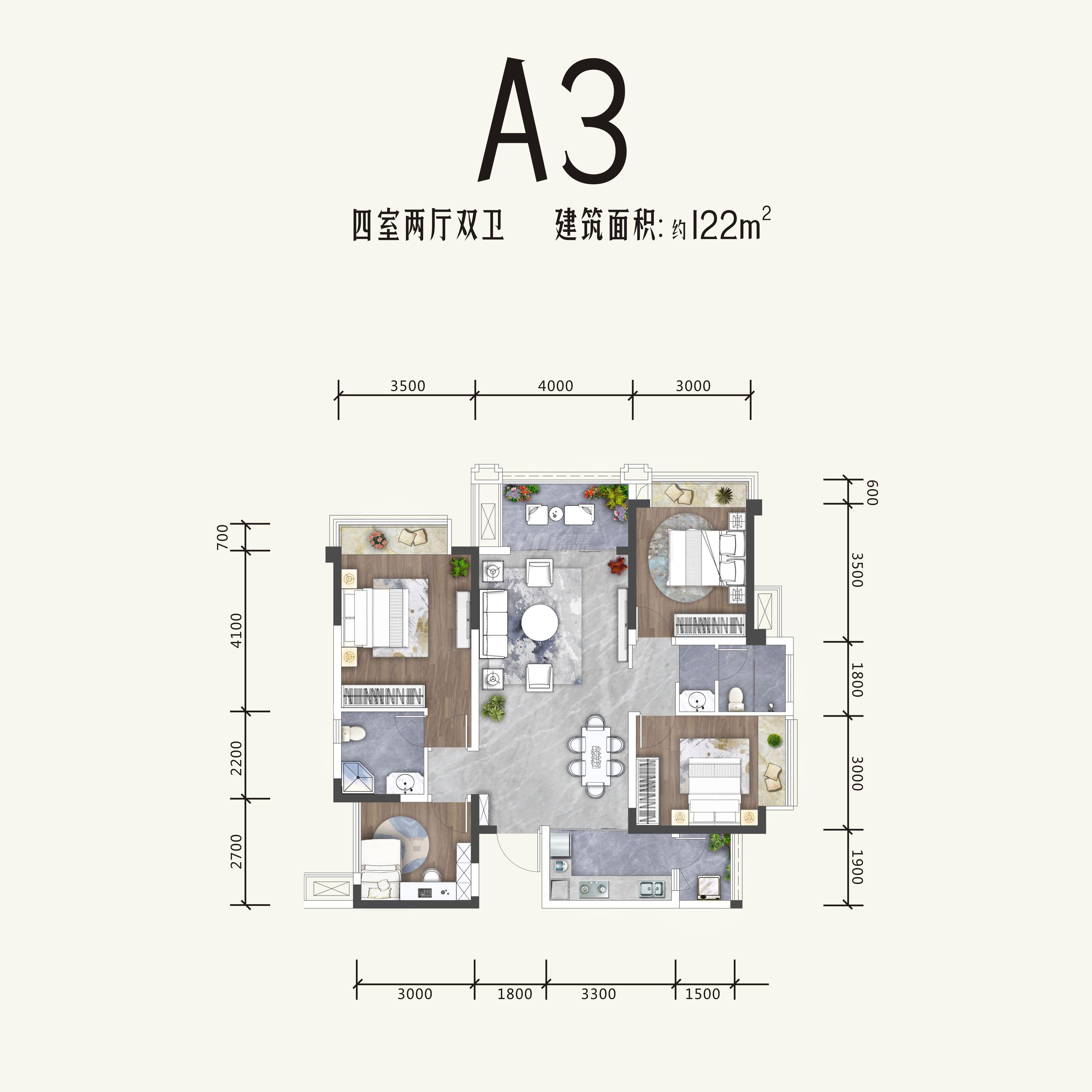 润扬观澜鹭岛名邸名邸7号楼a3户型户型图,4室2厅2卫122.