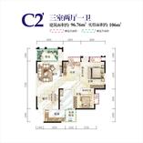 通瑞月光湖电梯户型图C2'三室两厅一卫96.76㎡