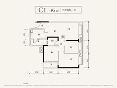 龙湖上城1期3室1厅1卫94.56平户型