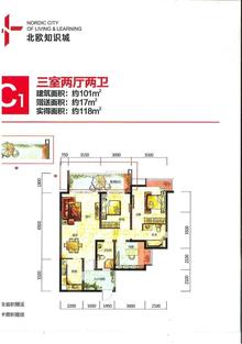 北欧知识城2期中欧住宅3室2厅2卫101.00平户型