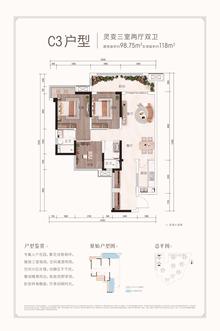 深业北岸城1期3室2厅2卫98.75平户型