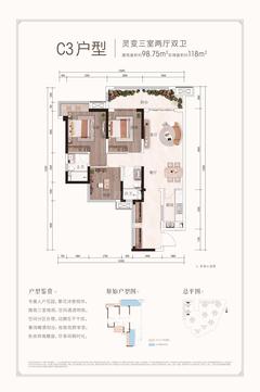 深业北岸城1期3室2厅2卫98.75平户型