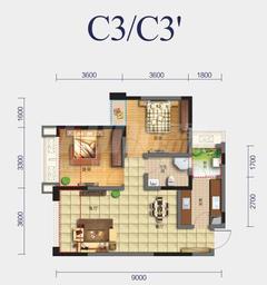 中加水岸2室2厅1卫75.00平户型