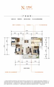 派城西樾小区1期3室2厅1卫90.68平户型