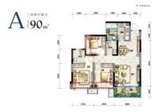 棠湖泊悦西江1期3室2厅2卫90.00平户型
