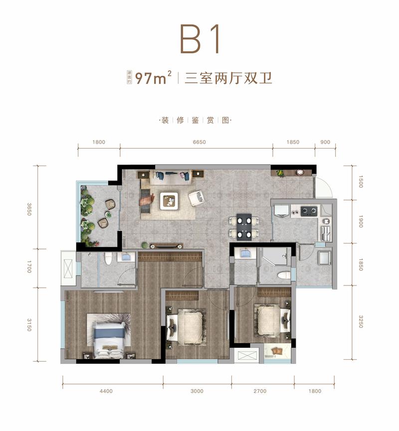 西宸春天小區1期b1戶型戶型圖,3室2廳2衛97.02平米- 成都透明房產網