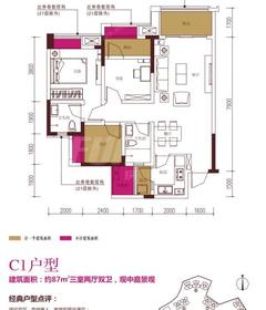 保利公园198紫荆花语3室2厅2卫87.00平户型