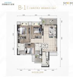 成都融创文旅城1期3室2厅2卫108.00平户型
