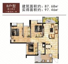 财富中央城3室2厅1卫87.68平户型