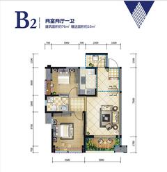 傲城2室2厅1卫76.00平户型
