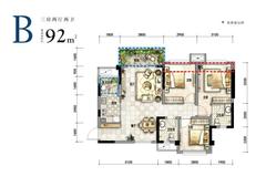 棠湖泊悦西江1期3室2厅2卫92.00平户型